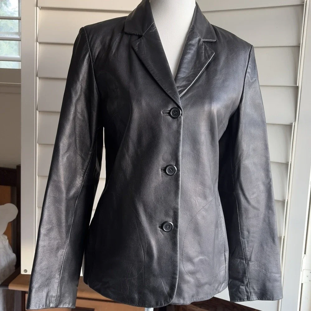 Vtg Wilsons Black Soft Leather Blazer Jacket Women S Tailored Career Y2K Classic
